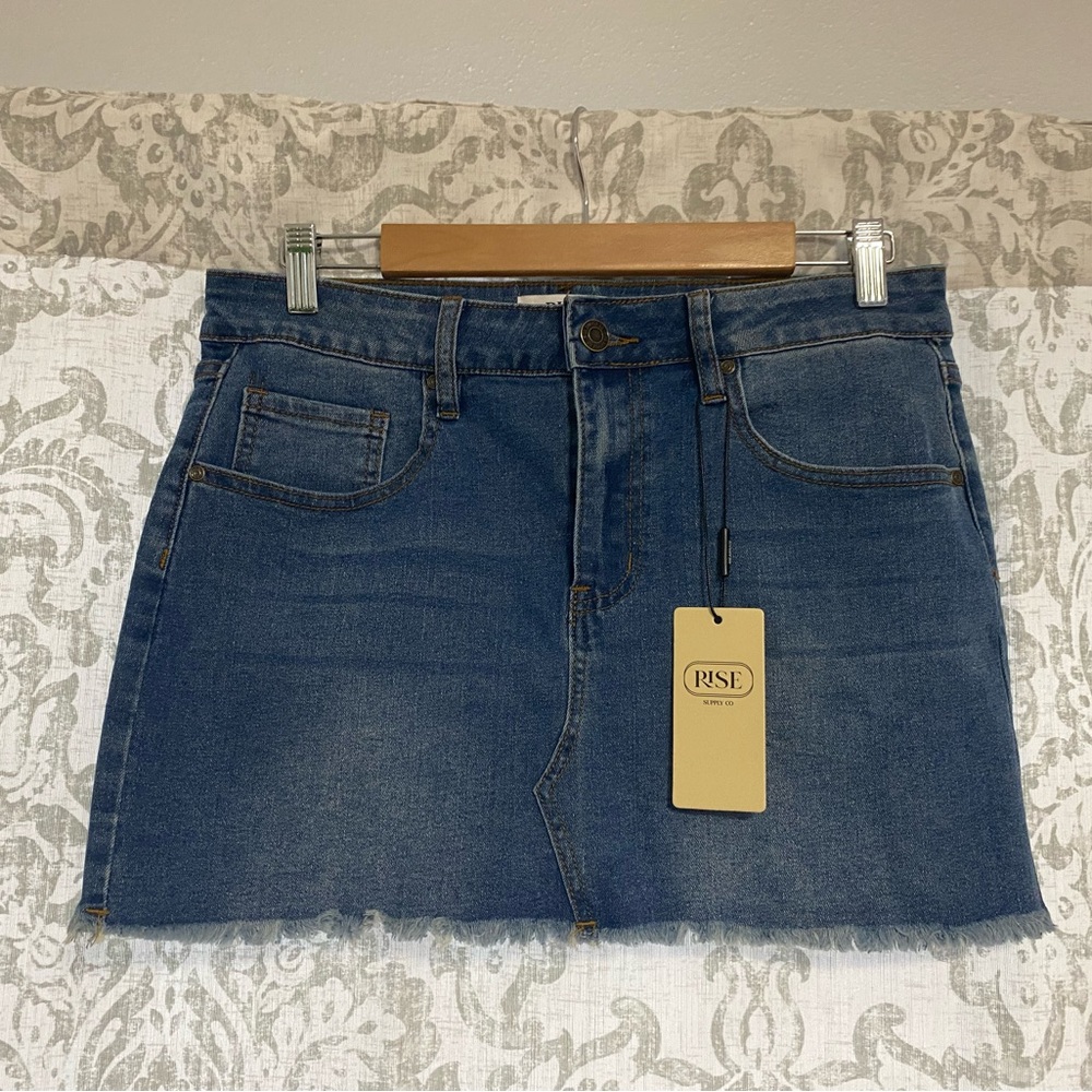 Rise Supply Co Cotton Stretch Raw Hem Denim Festival Cowgirl Mini Skirt Blue L